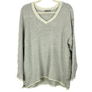 Habitat Cotton Wool Blend Cream Gray V-Neck Button Detailed Long Sleeve Sweater